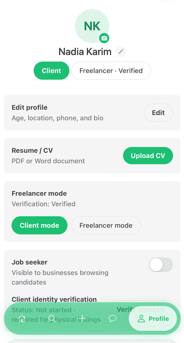 BebasWork profile screen on a phone: client and verified-freelancer modes, edit profile, CV upload, a job-seeker toggle and client identity verification.